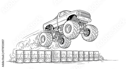 Handdrawn monster truck with massive tires and exposed suspension in a midair jump.