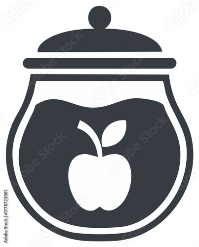 Stylized graphic illustration of a dark glass jar filled with sweet preserves and a white apple icon