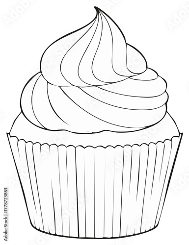 Black and white illustration of a cupcake with swirled frosting.