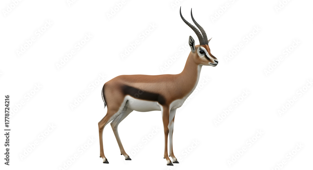 Fototapeta premium Gazelle with Curved Horns Standing Profile View, isolated on a white or transparent background, cutout, PNG