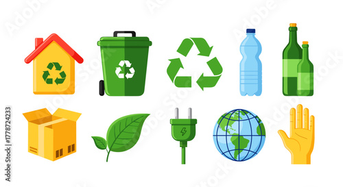Recycling and Sustainability Icons Set: Promoting Eco-Friendly Practices at Home and Globally with Green Energy for a Sustainable Future in Business & Lifestyle Marketing and Presentations (Modern, Co
