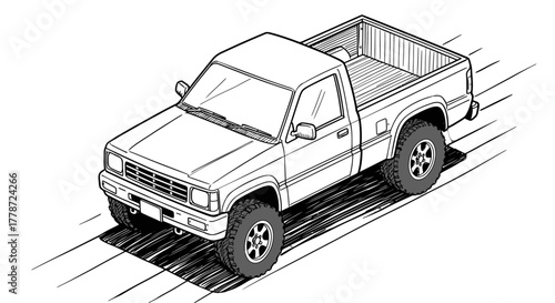 Isometric line drawing of a classic 4x4 pickup truck with rugged offroad tires and shadow.