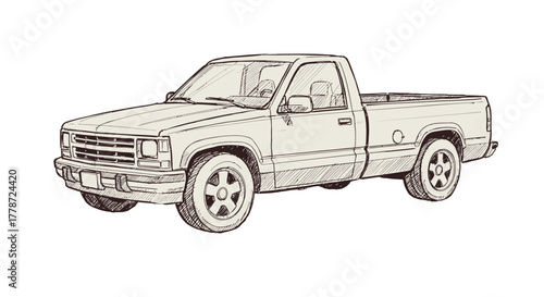 Vintage American pickup truck in a detailed handdrawn sketch style with sepia tones.