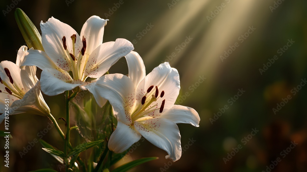 Fototapeta premium Brilliant white lilies illuminated by dramatic golden sunbeams in a verdant setting
