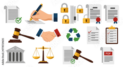 Law and Legal Services Illustration: Depicting Justice, Contracts, and Agreements in a Professional Setting for Business, Corporate, and Governmental Use – Featuring Gavel, Scales, Handshake, and Docu