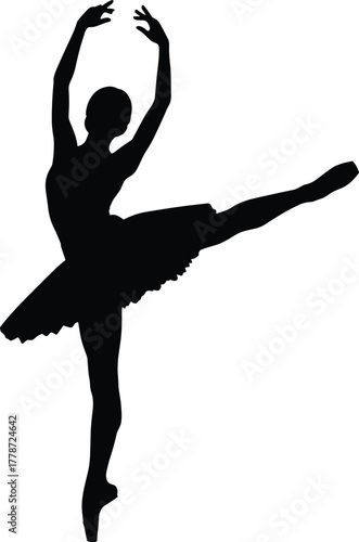 Ballet dancer silhouette vector, ballerina pose, tutu costume, classical dance art, elegant movement, cad drawing flat vector illustration