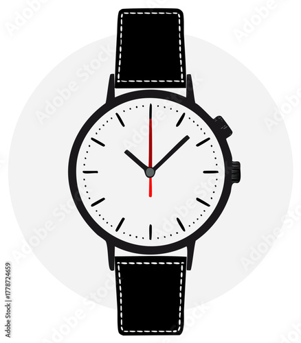 Stylish analog wristwatch with black leather band and red second hand on pale gray background