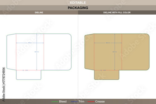 Presentation folder dieline designed through detailed vector plan refining printing output packaging layout strong die line contour provides reliable closure for stacked papers