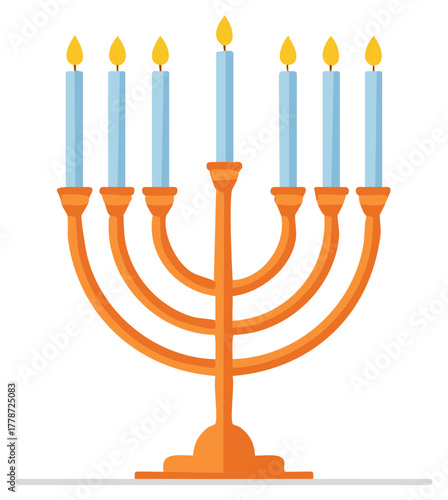 Golden seven branch menorah with lit candles Jewish religious symbol vector illustration
