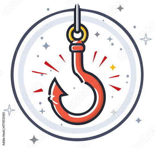 Striking red fishing hook with sharp barb and sparkling highlights inside a circular frame