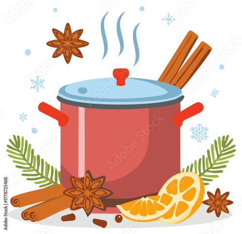 Festive simmering pot with cinnamon sticks, orange slice, and anise stars, decorated with evergreen branches, holiday illustration