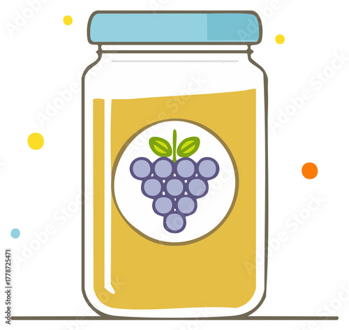 Jar of yellow liquid with purple grape cluster label and light blue lid