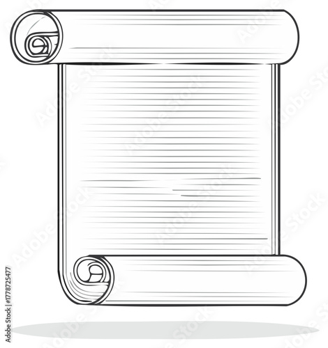 Antique rolled scroll paper for important historical messages or treasure maps, black and white line drawing art illustration