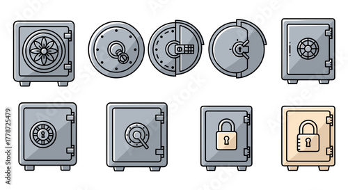Secure Vaults Collection: Cartoon Style Safes for Financial Security & Protection Concepts, Illustrating Banking Industry & Savings, Business Assets & Investments, Representing Traditional & Modern De