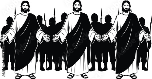 Biblical scene, religious illustration, ancient soldiers, spiritual symbolism, sacred art, dramatic silhouette, historical figure, faith concept, vector drawing, storytelling design