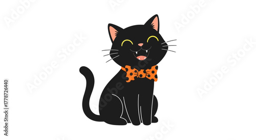 Cute Black Cat Orange Bowtie Halloween Cartoon Vector