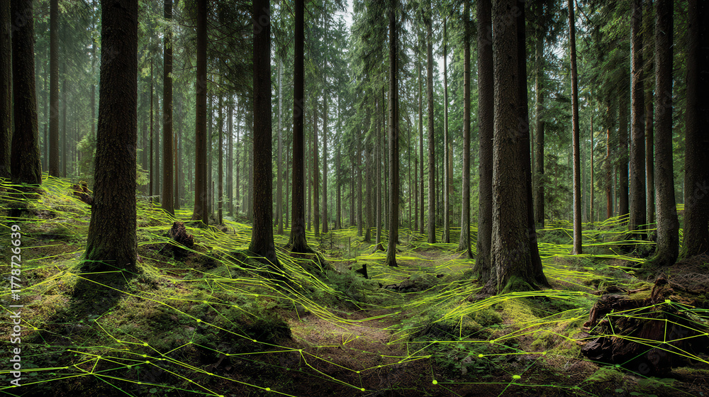 Obraz premium Mossy conifer forest with green digital network lines weaving through trees creating surreal atmosphere