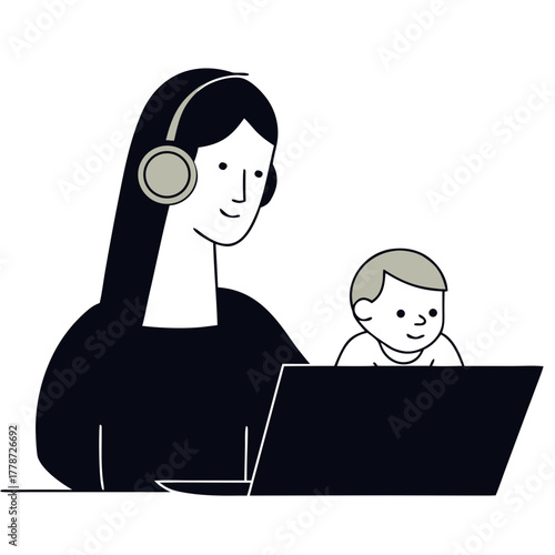 Mom working on laptop with baby sitting on her lap in home setting  