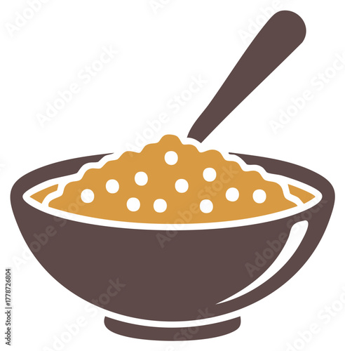 Illustration of Grain Porridge in Bowl with Spoon, Simple Food Serving Style, Healthy Meal, Isolated
