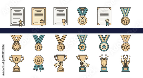 Celebrating Achievement & Success: Collection of Awards, Medals & Certificates for Recognition, Graduation, Competition & Education in Vector Style, Perfect for Business Presentations & Marketing Mate