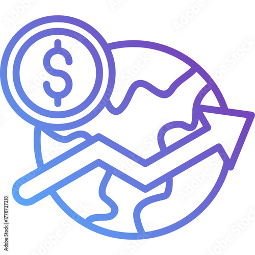 Gradient Line Global Economy Icon with Dollar Coin and Upward Trend Arrow