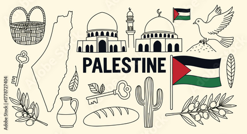 Palestine Doodles and Symbols Representing Cultural Identity and Heritage in a Hand-Drawn Style, Featuring Mosques, Olive Branches, and the Palestinian Flag, Ideal for Tourism Designs, Educational Mat