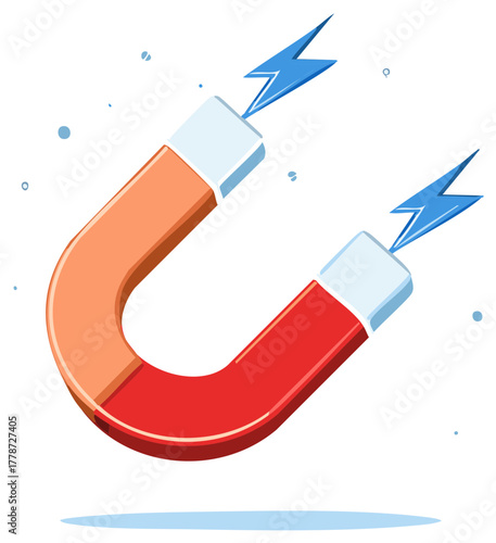 Powerful horseshoe magnet attracting with blue lightning bolts and blue particles