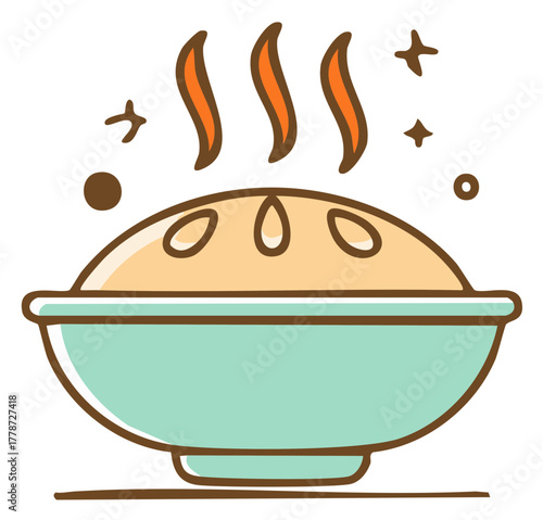 Steaming hot pie with pastry crust in a teal bowl, illustration with decorative elements.