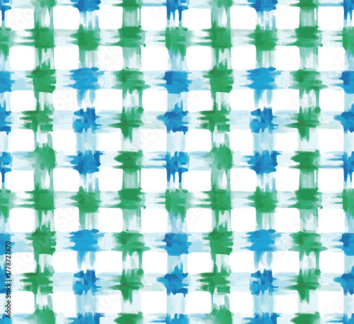 Seamless watercolor green and blue irregular grid pattern. Hand painted watercolor plaid wallpaper. Abstract background. Square cloth imitation. Picnic spirit. Retro cloth.
