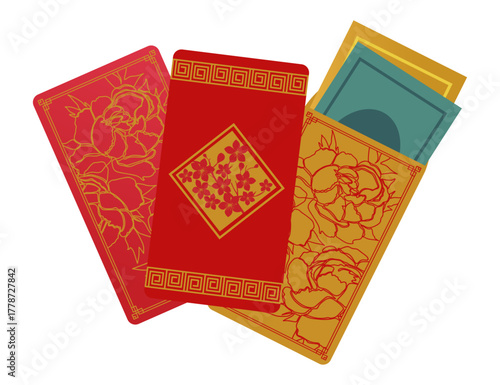 Red envelopes with intricate floral designs, symbolizing prosperity and good luck. Commonly used during celebrations like Lunar New Year, these vector illustrations capture vibrant cultural traditions
