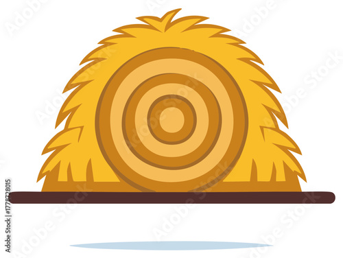 Cartoon Illustration of a Hay Bale on a Brown Platform with Circular Rings and a Shadow Effect on a White Background