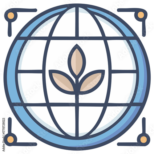 Global agriculture and technology icon with seedling and grid