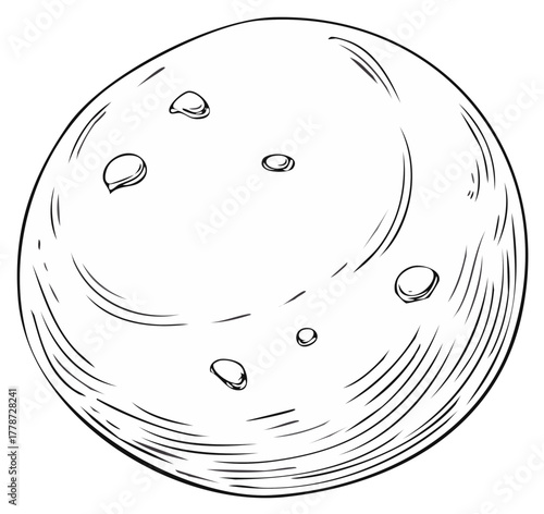 Hand-drawn illustration of a stylized full moon with craters in black and white.
