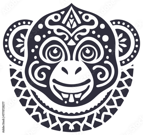Ornate Stylized Monkey Face Graphic Vector Illustration with Tribal Inspired Decoration