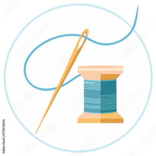 Sewing needle, thread spool and circular frame vector illustration crafting and embroidery