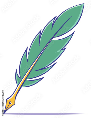 Illustration of a Feather Quill Pen Writing with Blue Ink