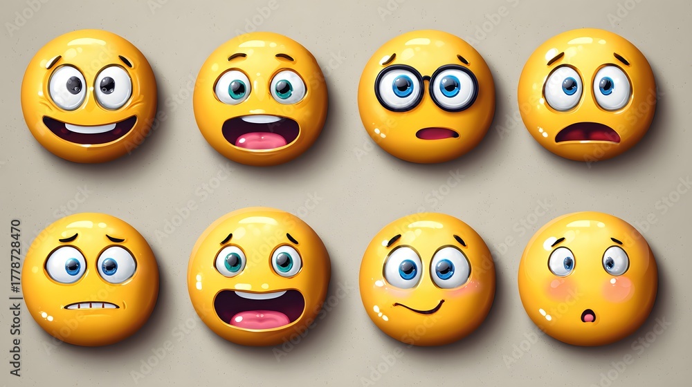 Obraz premium Eight three dimensional expressive yellow circular faces arranged in two rows against a neutral background