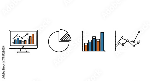 Analyzing Business Data and Market Trends on Computer, Pie Chart, Bar Graph, and Line Graph for Strategic Financial Planning in a Modern Technology Environment, Perfect for Informative Presentations,