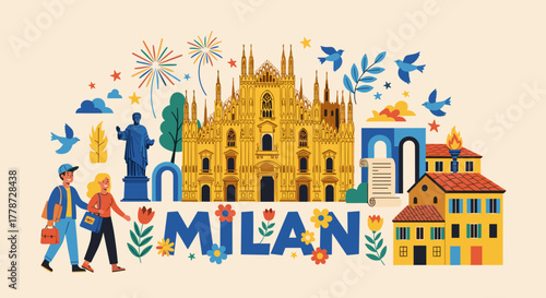 Vibrant Milan Cityscape Illustration Welcoming Tourists with Landmarks and Culture, Promoting Travel & Tourism, Ideal for Marketing Materials & Presentations. Depicting Architecture, History, Travel,