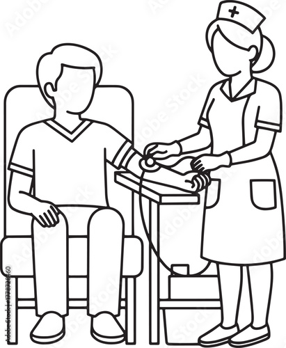 Nurse Taking Patient's Blood Pressure - Medical Check-up Line Art Illustration