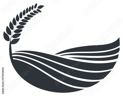 Stylized wheat stalk arcs over rolling agricultural fields in a circular emblem