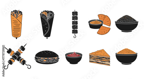 Assorted Middle Eastern and Mediterranean Cuisine Feast Illustration: Shawarma, Kabobs, Falafel, Hummus, and Baklava for Culinary Presentation & Food Industry Marketing (Monochrome & Color Vector Art,