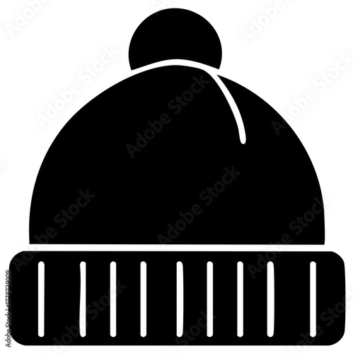 Black silhouette of a winter knit hat or beanie cap with a pompom accessory