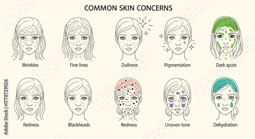 Illustrations Showing Common Skin Concerns & Treatments – Wrinkles, Fine Lines, Dullness, Pigmentation, Dark Spots, Redness, Blackheads, Uneven Tone & Dehydration, Dermatology, Beauty, Health, Skincar