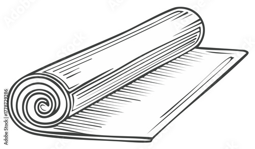 Rolled yoga mat illustration on a white background in black and white