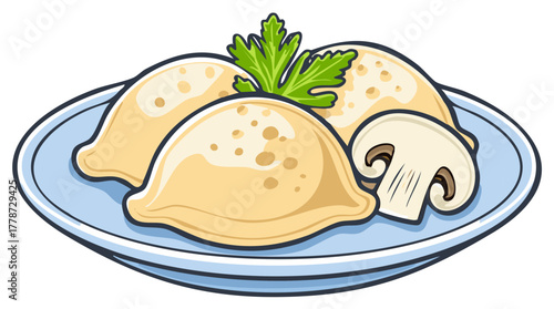 Cartoon Pierogi Illustration with Mushrooms and Parsley on Blue Plate