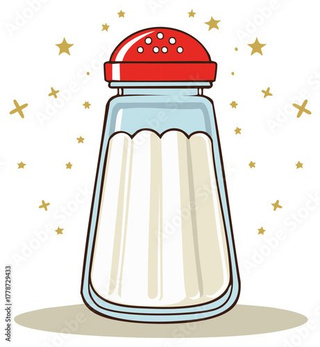 Salt shaker illustration for cooking and seasoning with a red lid and sparkling stars