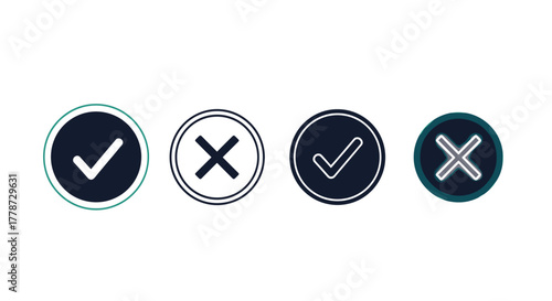 Checkmark & Cross Icons Confirming or Rejecting on Modern Website, App or Presentation: Symbolizing Agreement, Approval, or Errors in Business, Technology, Healthcare, Education, and Lifestyle Setting