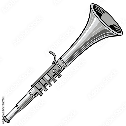 Vector illustration of a silver clarinet musical instrument with keys