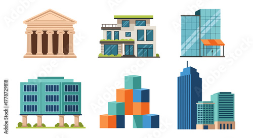 Diverse Architectural Icons Showcasing Building Styles in an Urban Setting:  Representing Real Estate Development, Corporate Headquarters, and Modern Cityscapes; Ideal for Presentation Backgrounds, Ma
